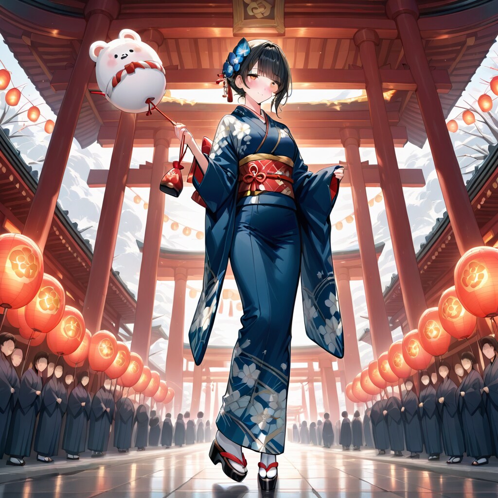 神社で風船を持つ黒髪お団子ヘアの着物美女。 | の人気AIイラスト・グラビア