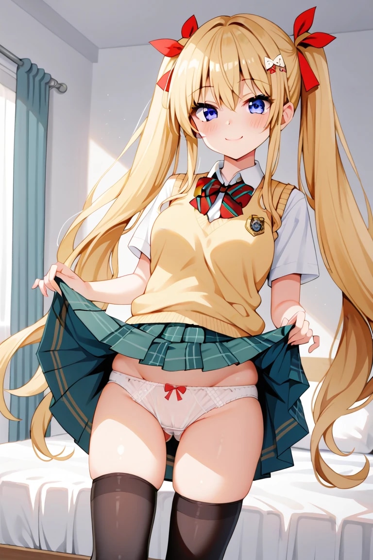 スカート捲り白パンツ金髪ツインテ
