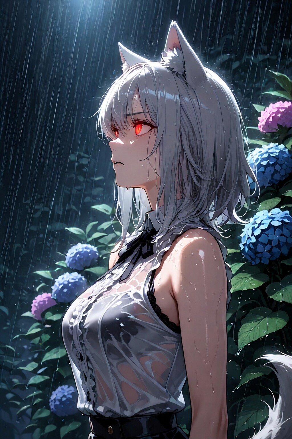 雨、紫陽花、佇む孤狼