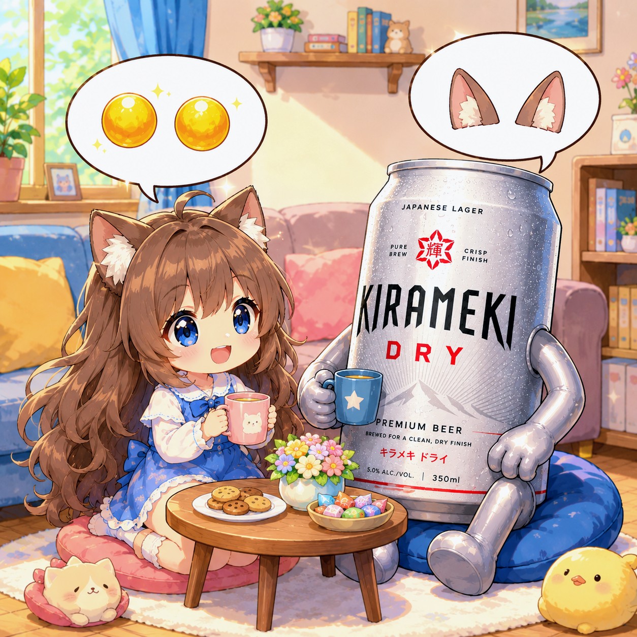 ２つあることの意味を話し合うビール缶と小さな女の子