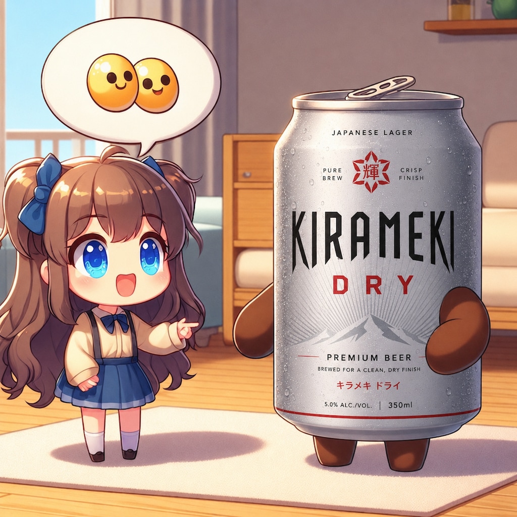 ２つあることの意味を話し合うビール缶と小さな女の子