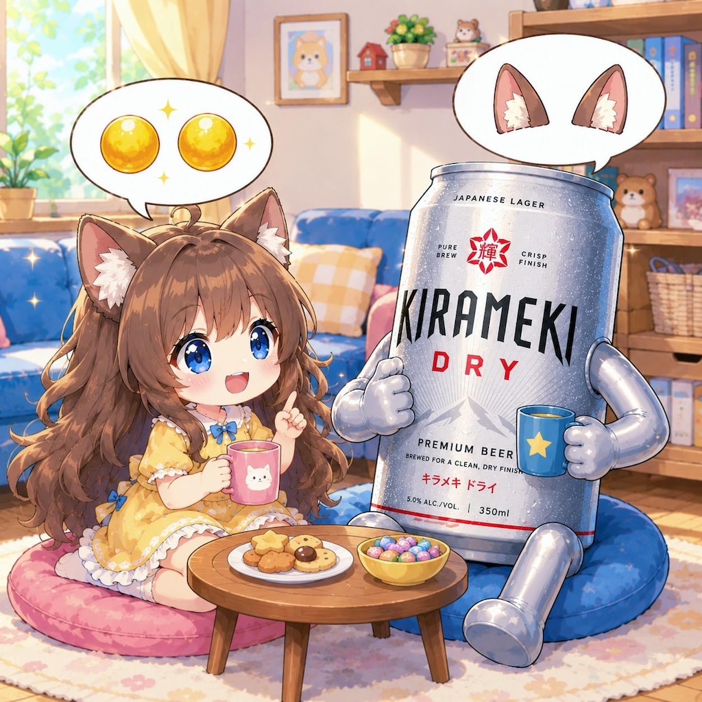 ２つあることの意味を話し合うビール缶と小さな女の子
