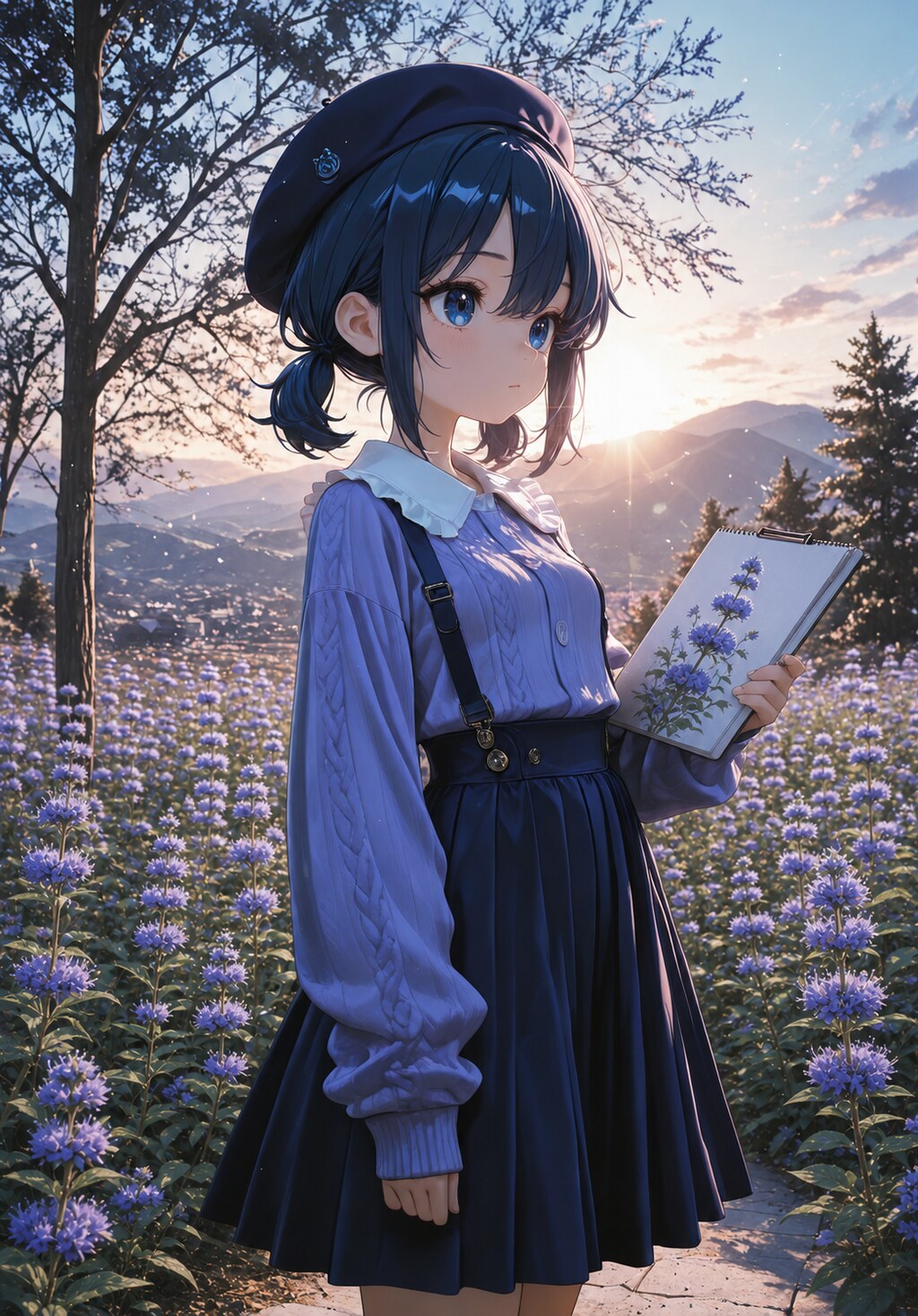 夕暮れに描く段菊