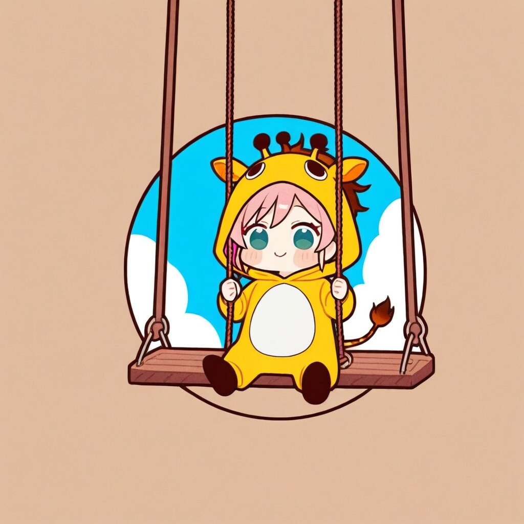 お空のブランコで遊ぶキリン着ぐるみちび子ちゃん