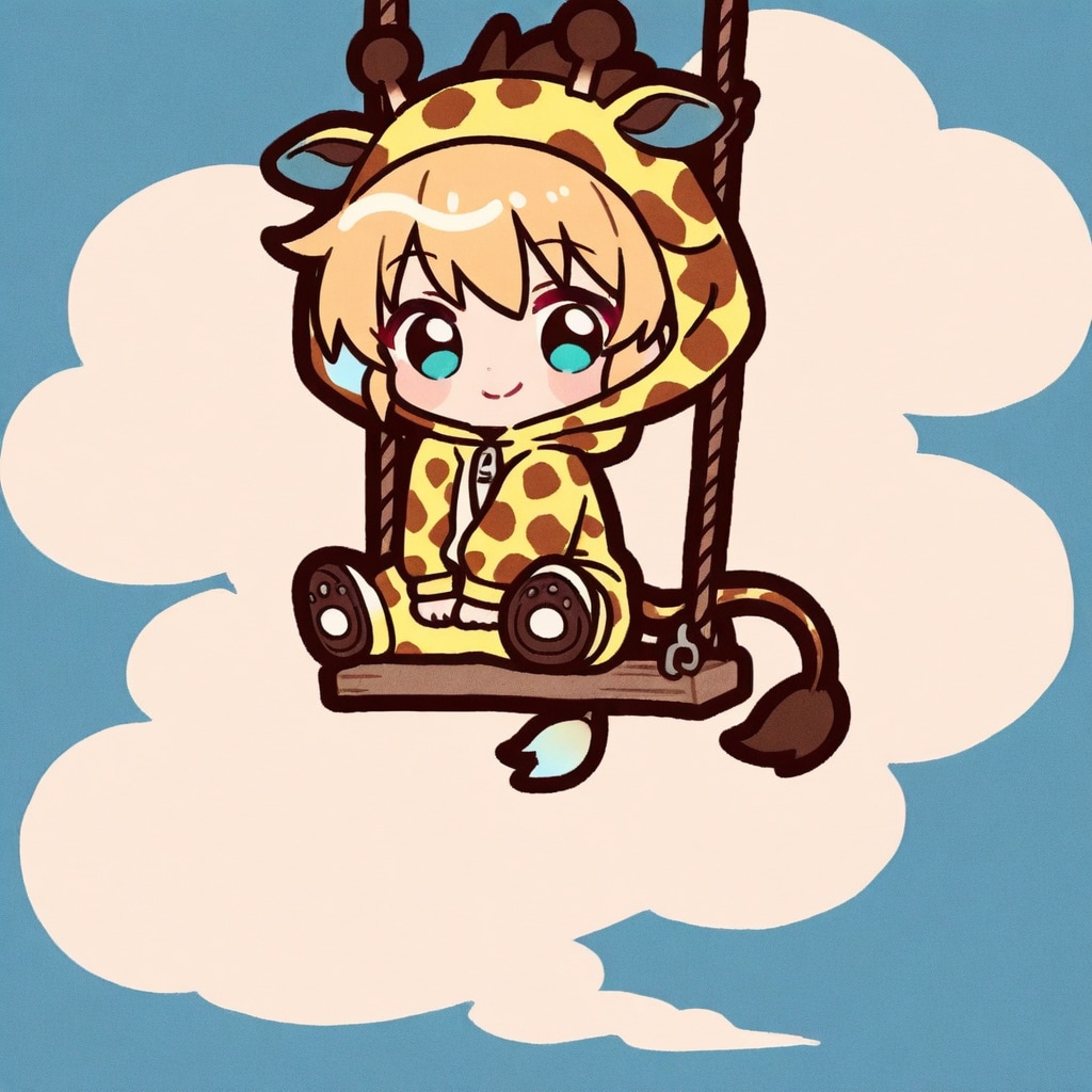 お空のブランコで遊ぶキリン着ぐるみちび子ちゃん