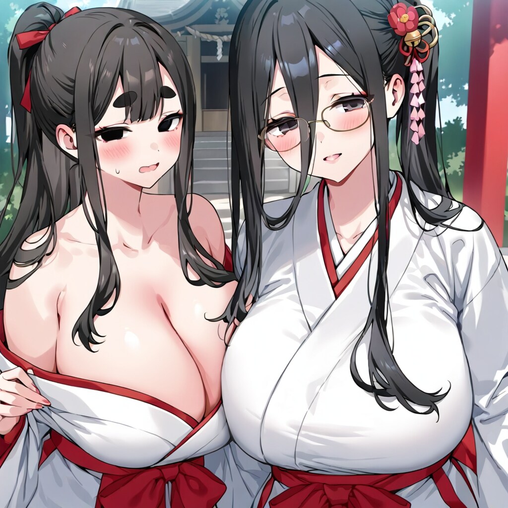 巨乳でポニテな垂れ目で眼鏡をかけた巫女服の少女（すきなようそとくもり）
