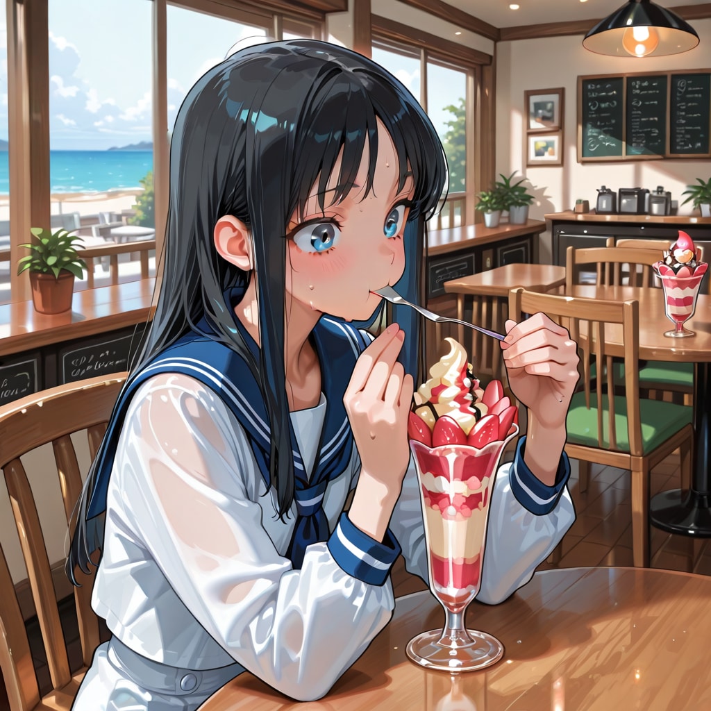 カフェでパフェを食べて涼む