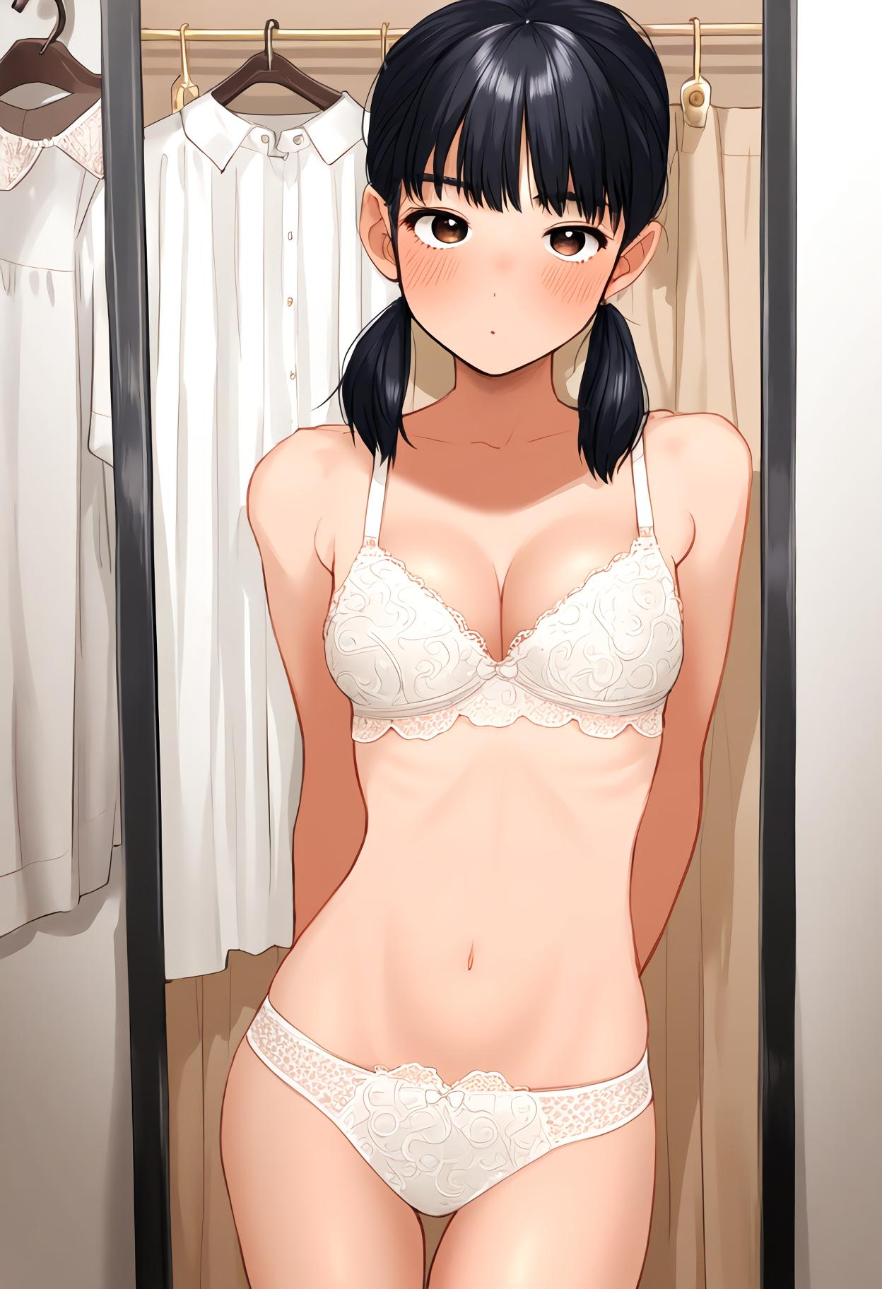 フリル付きのちょっとオトナな下着を試着中