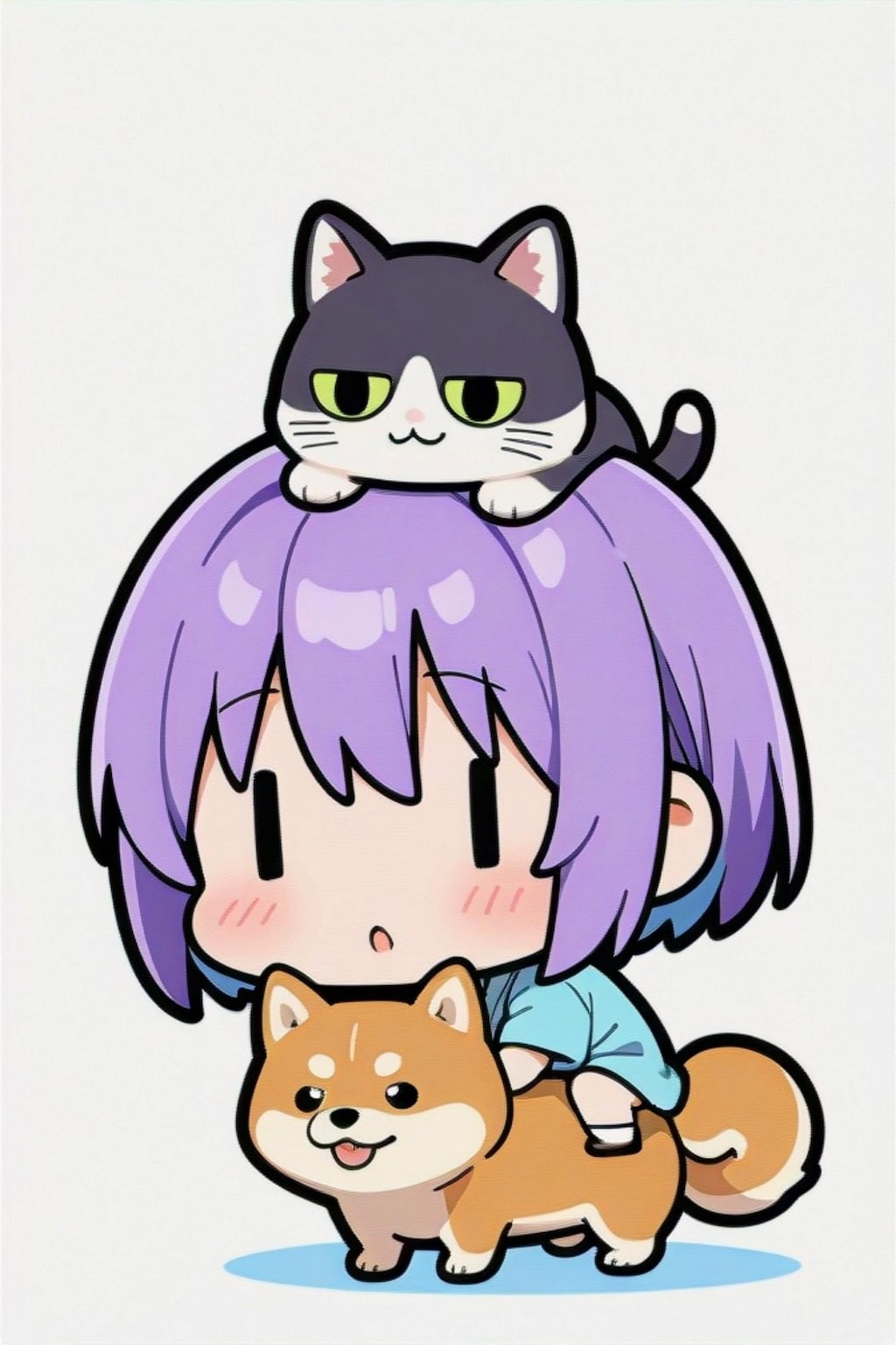 犬猫に挟まる紫髪ちゃん