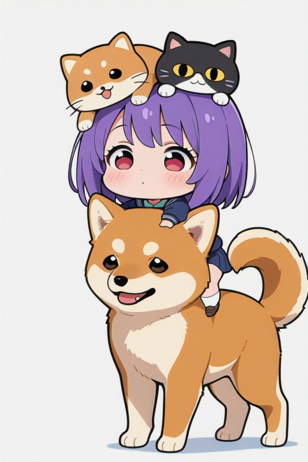 犬猫に挟まる紫髪ちゃん