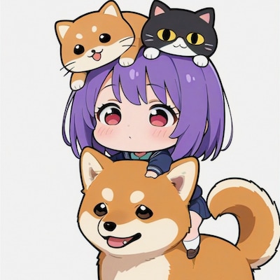 犬猫に挟まる紫髪ちゃん