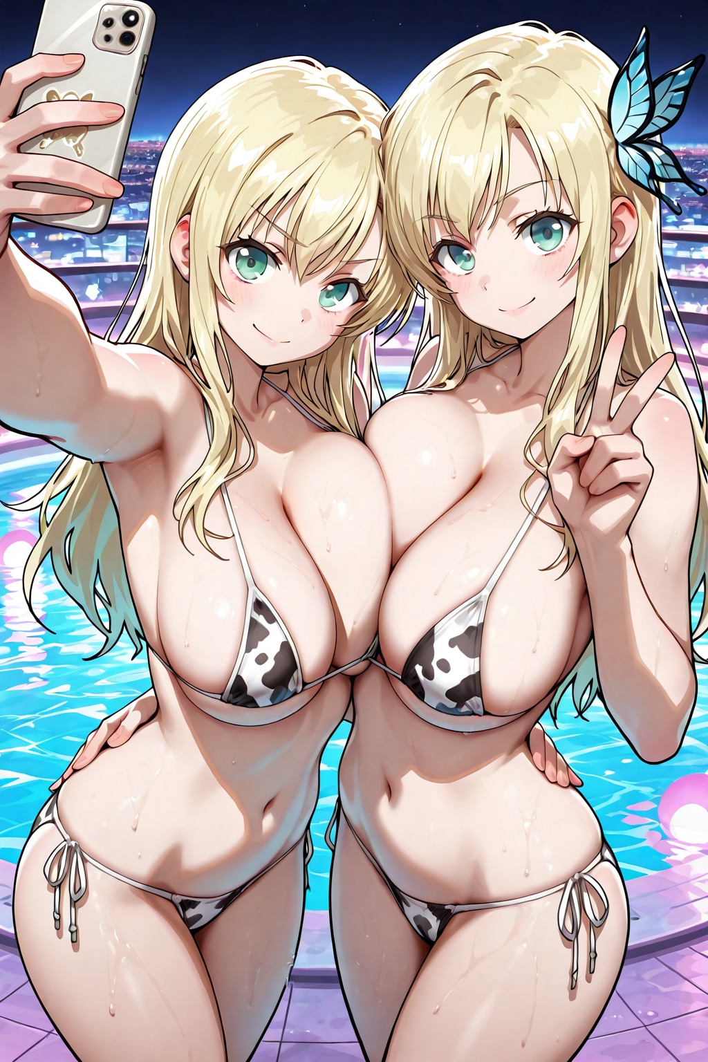 同キャラダブりで双子金髪ギャルのナイトプール映え自撮り🐮👙🌃🤳😍