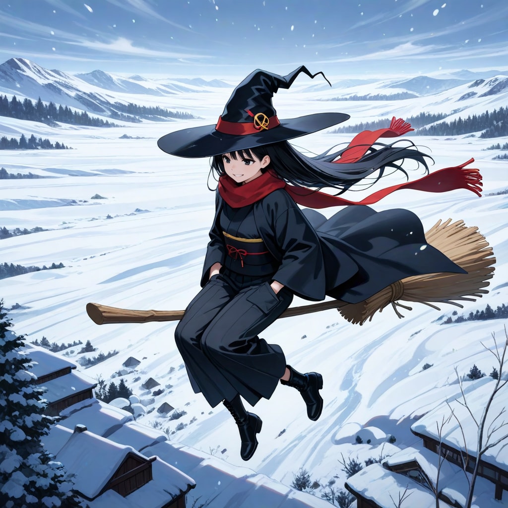 冬の空を箒で飛ぶ魔女さん | の人気AIイラスト・グラビア