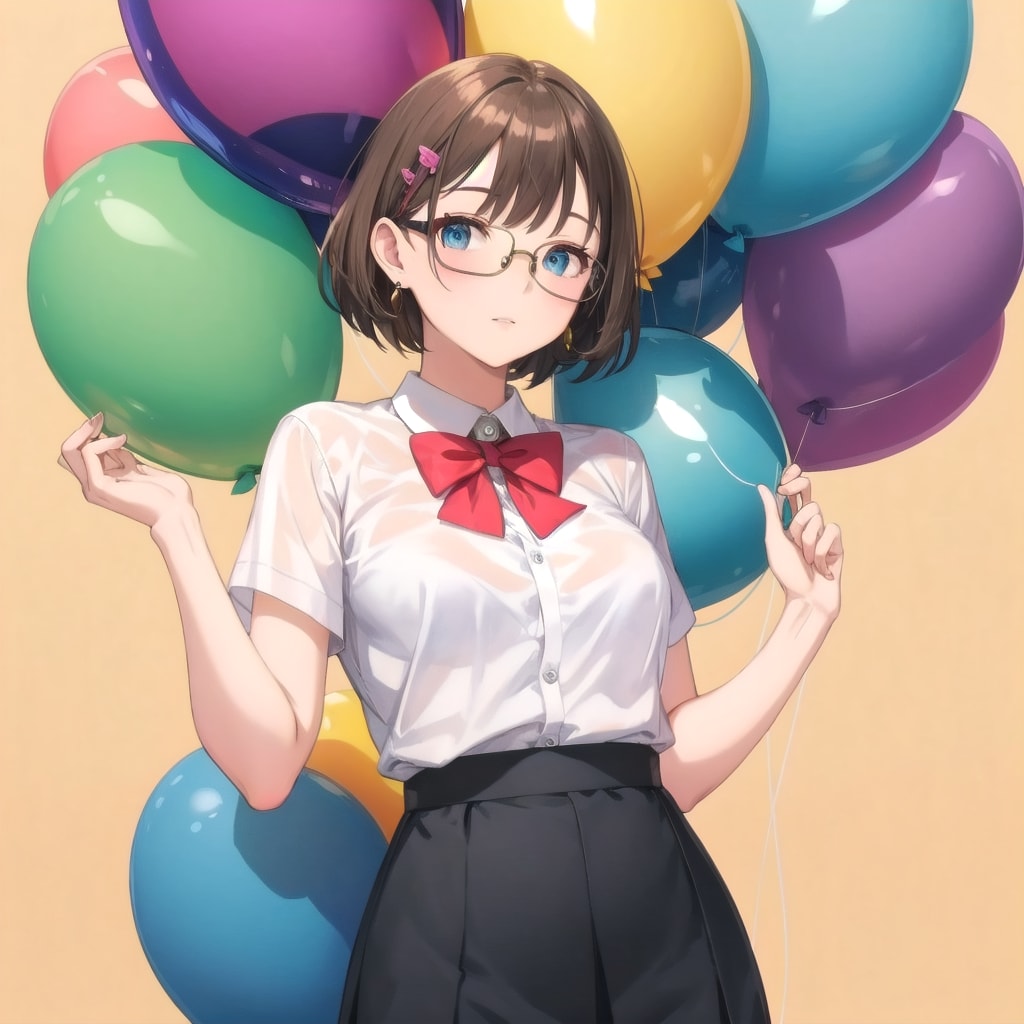 いっぱい色とりどりの風船を持つブラウンショートカットのメガネかけた美女教師