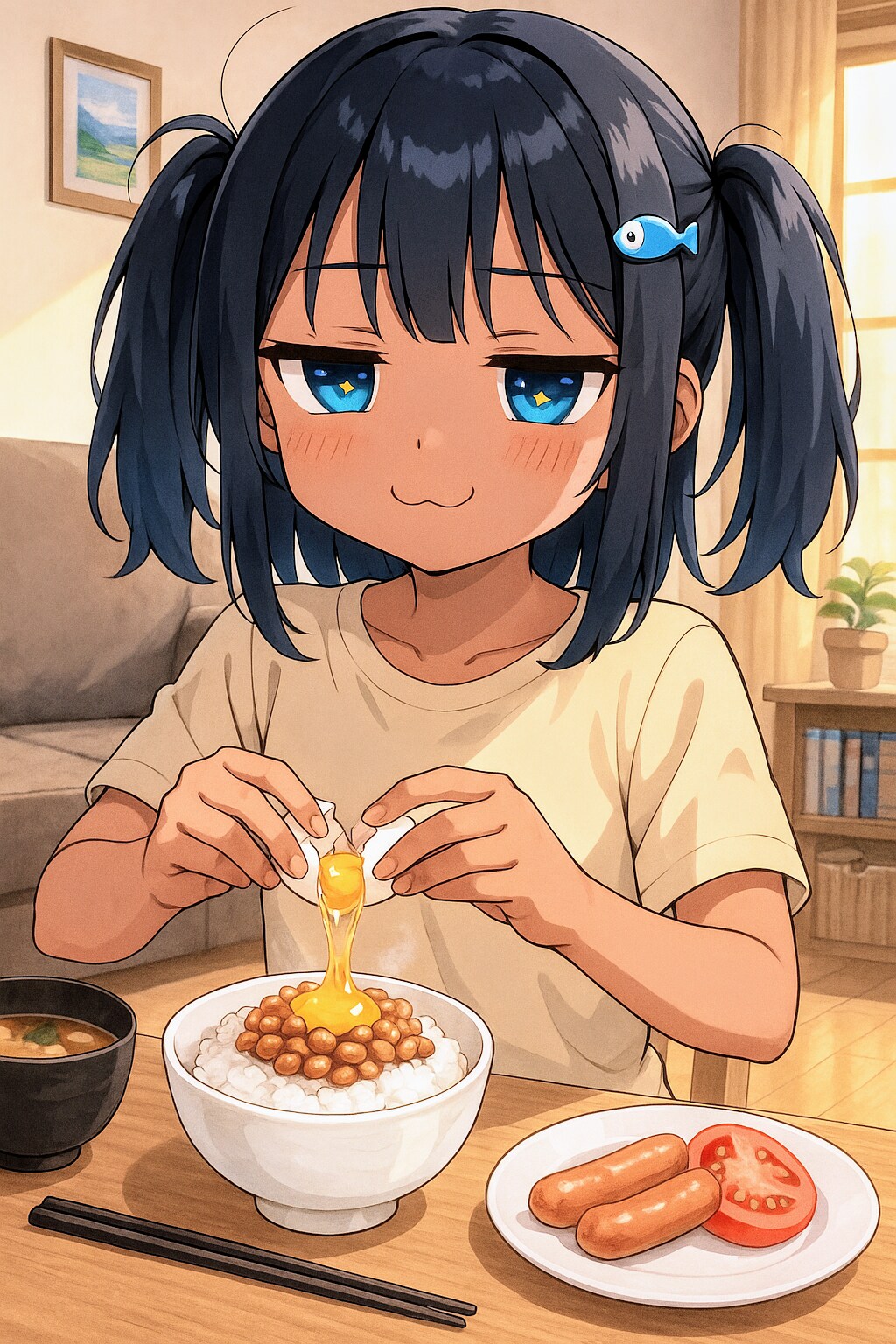 納豆ご飯に生卵をかけるこなつちゃん