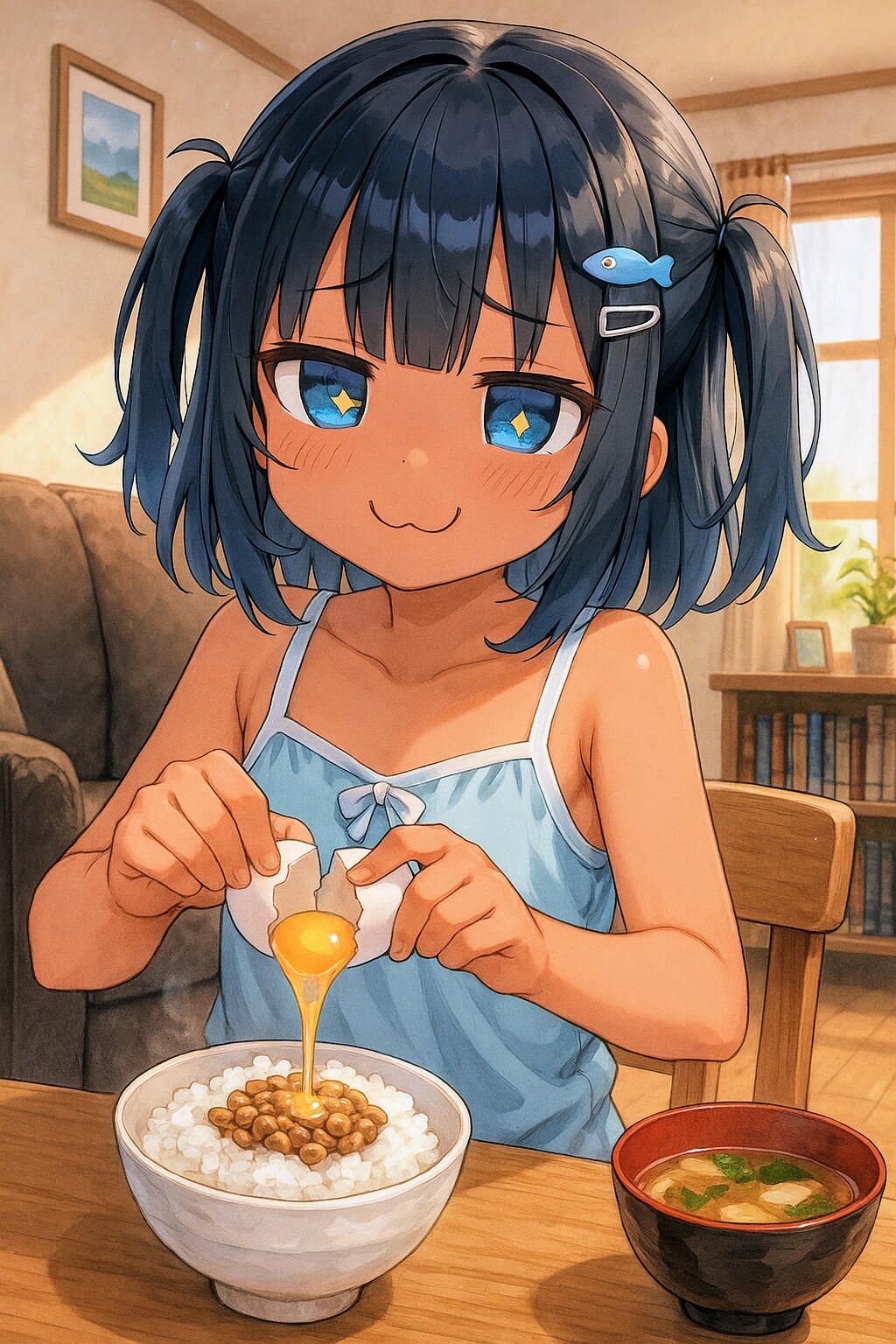 納豆ご飯に生卵をかけるこなつちゃん