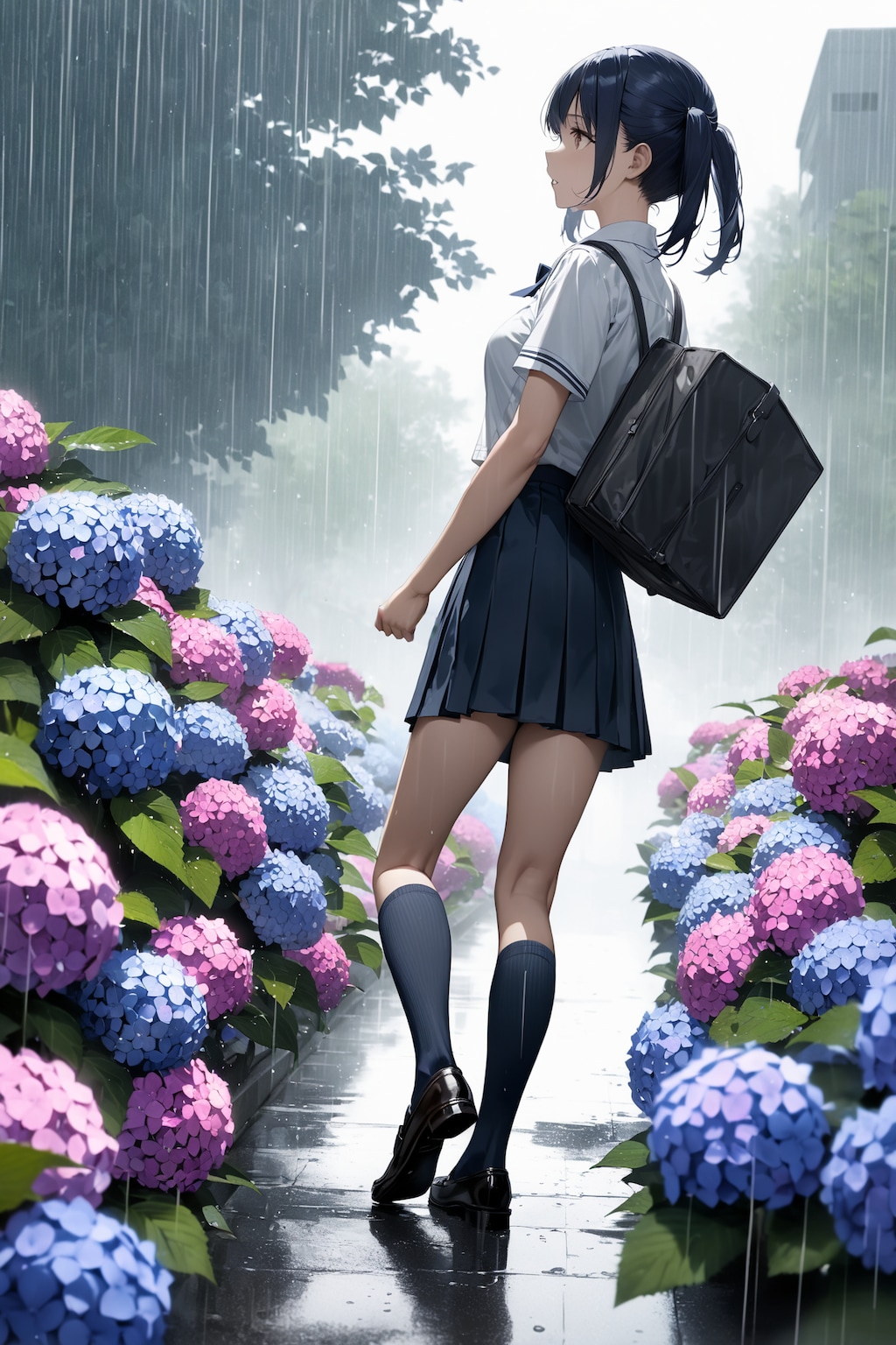 雨に降られて登校