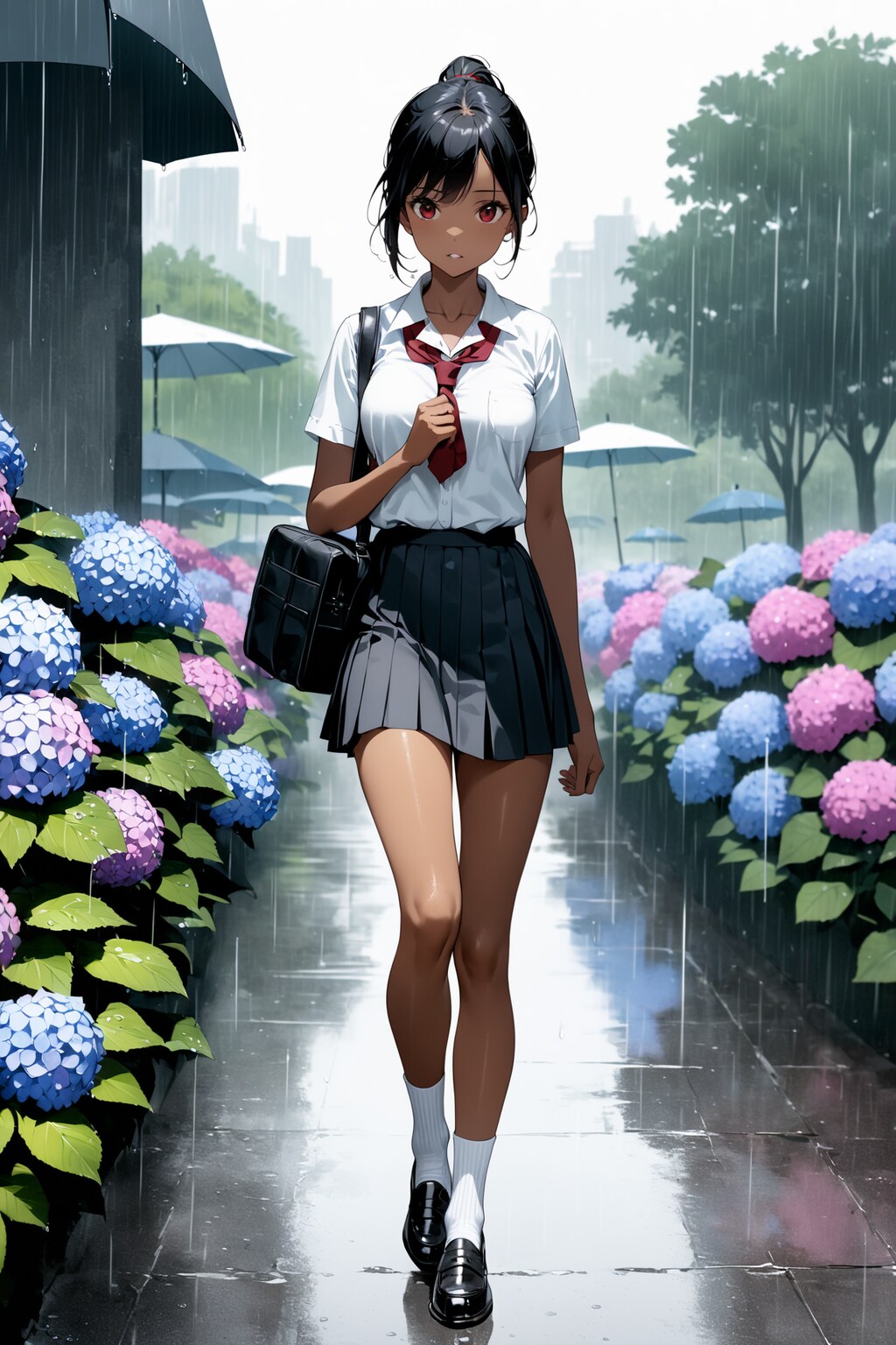 雨に降られて登校