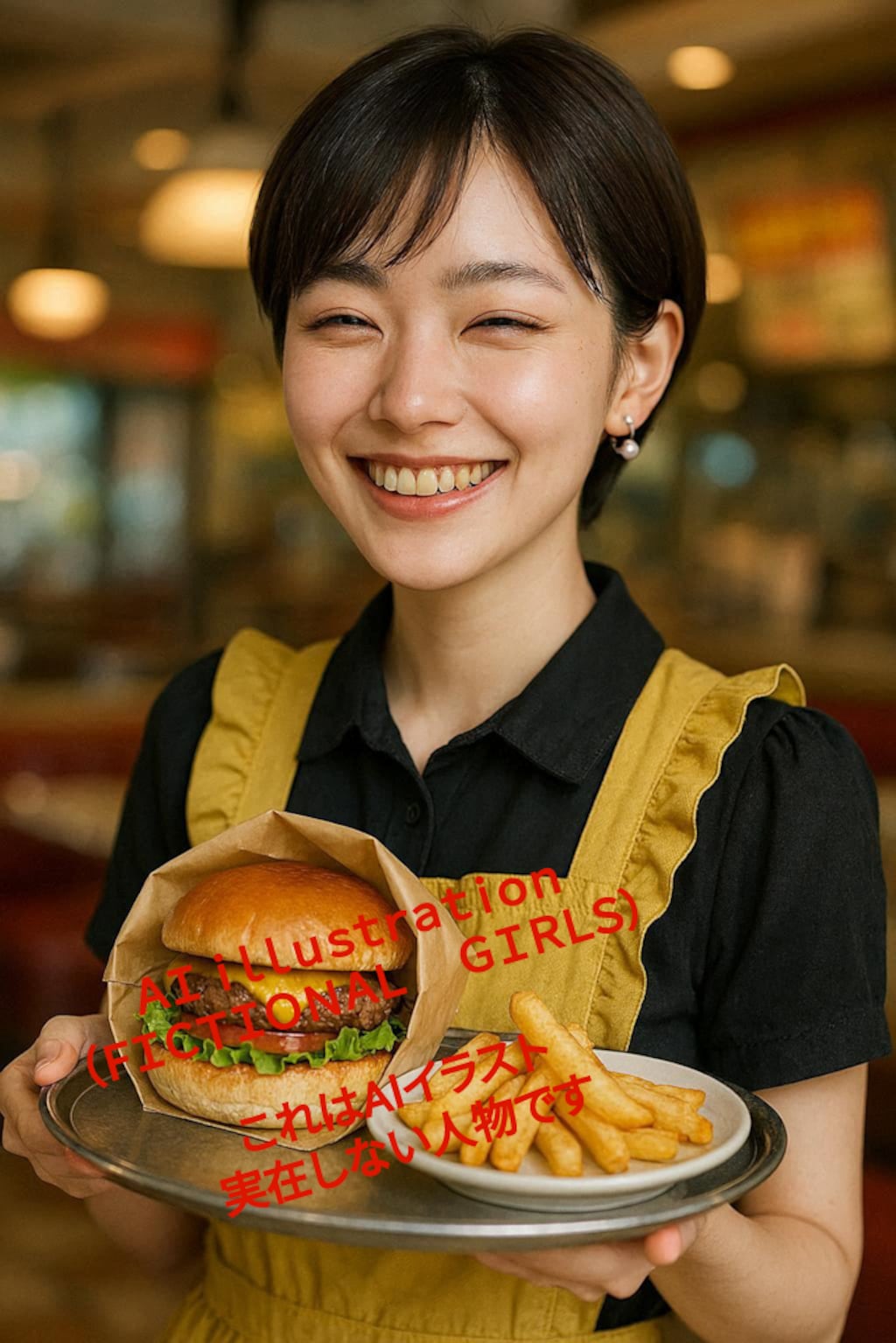 バーガーショップ店員のコスプレなショートカット美少女