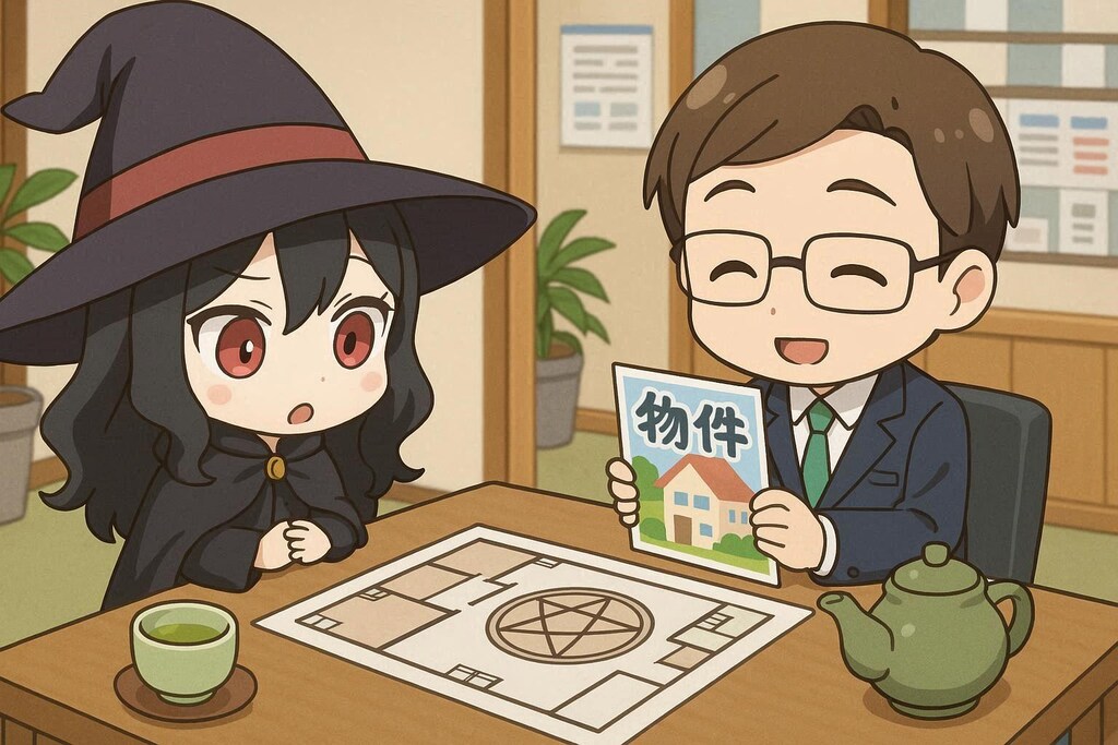 秘密結社の闇の儀式に適したいい感じの物件を不動産業者と日本式オフィスで相談する魔女の幹部