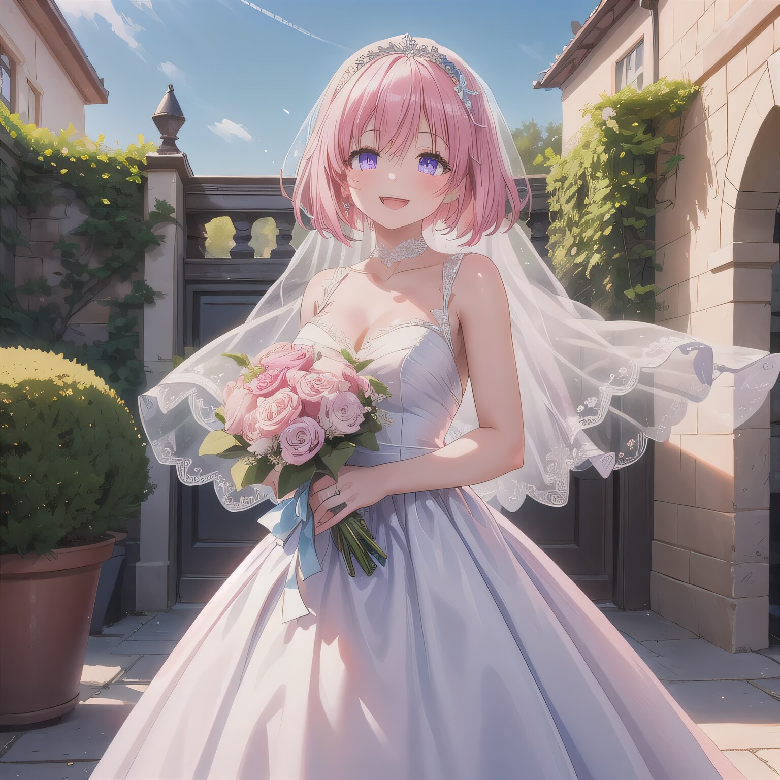 ピンク髪ボブでウェディングドレスの少女３ | の人気AIイラスト・グラビア