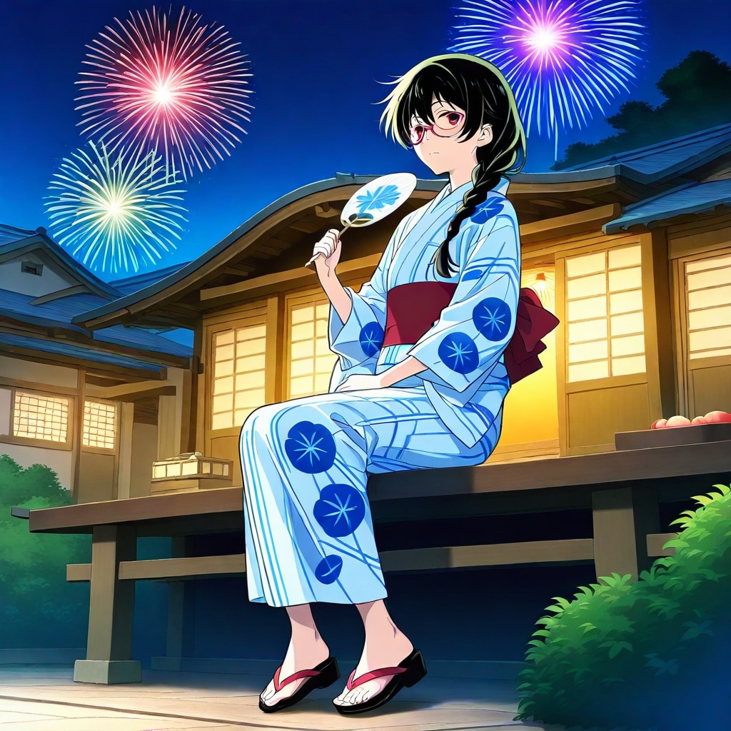 三つ編みメガネの浴衣娘