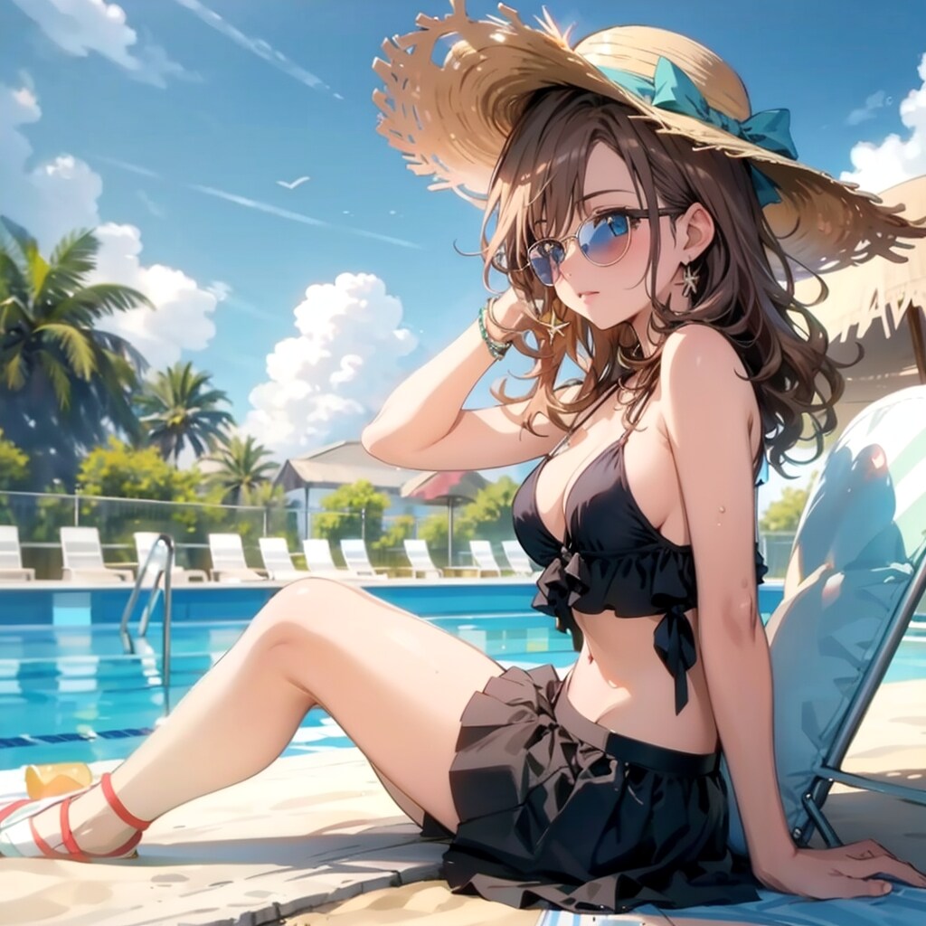 サングラス×金髪×麦わら×黒ビキニ