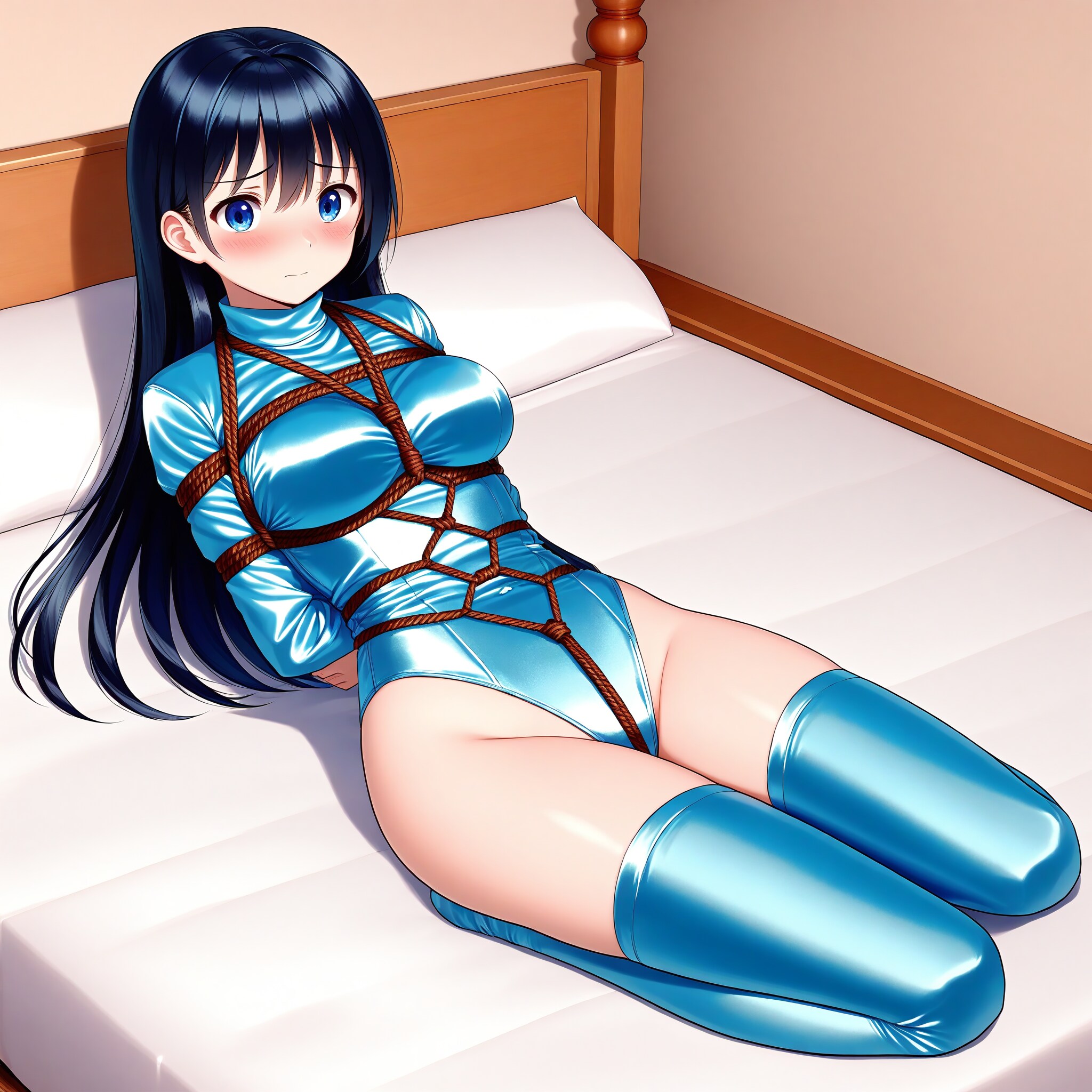 水色サテンレオタードサイハイソックス緊縛