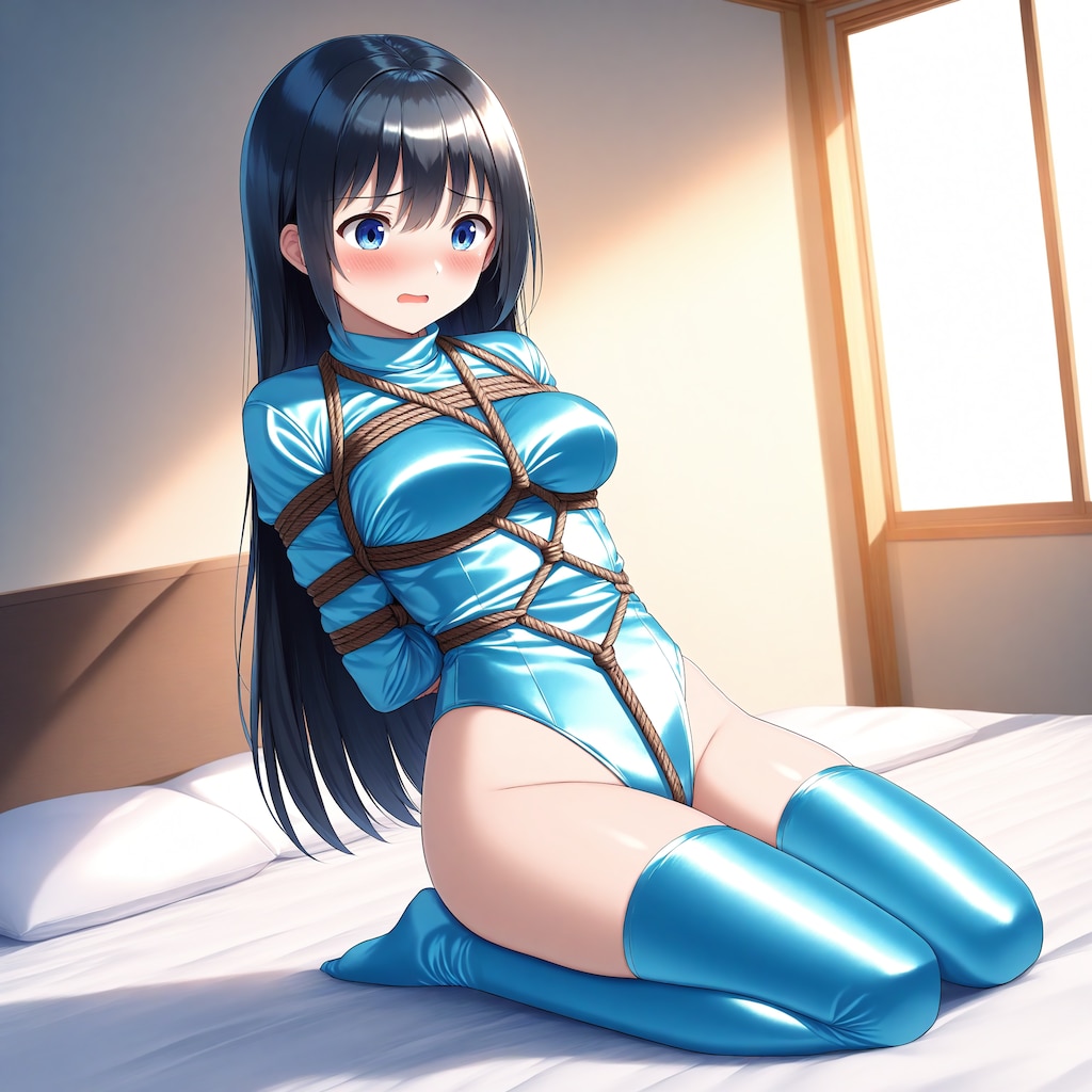 水色サテンレオタードサイハイソックス緊縛