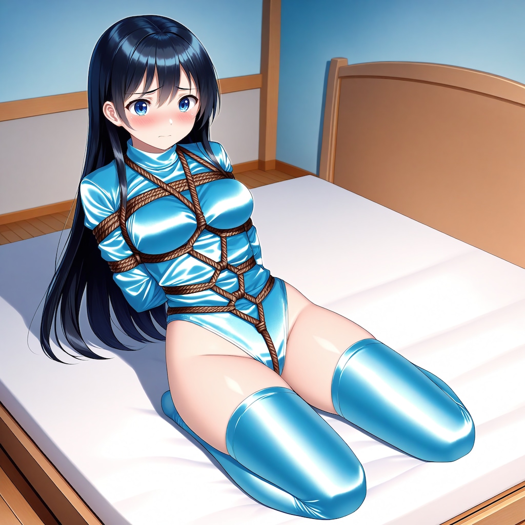 水色サテンレオタードサイハイソックス緊縛