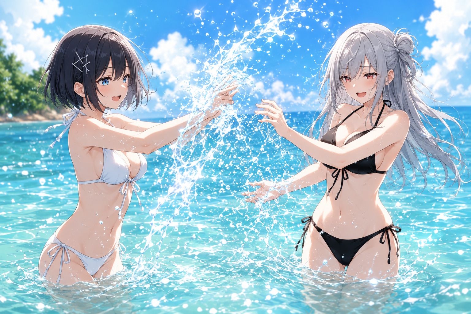 海てはしゃぐ2人