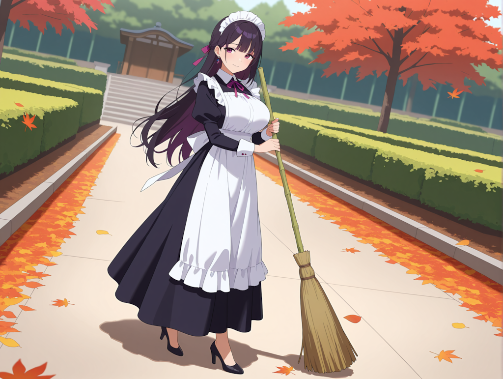 庭の落ち葉の清掃をする涼音さん