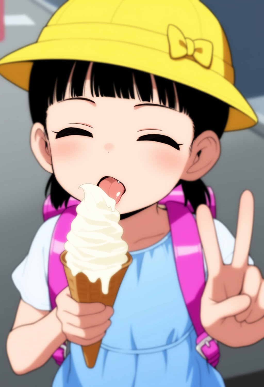 ソフトクリームをおいしそうに食べる子