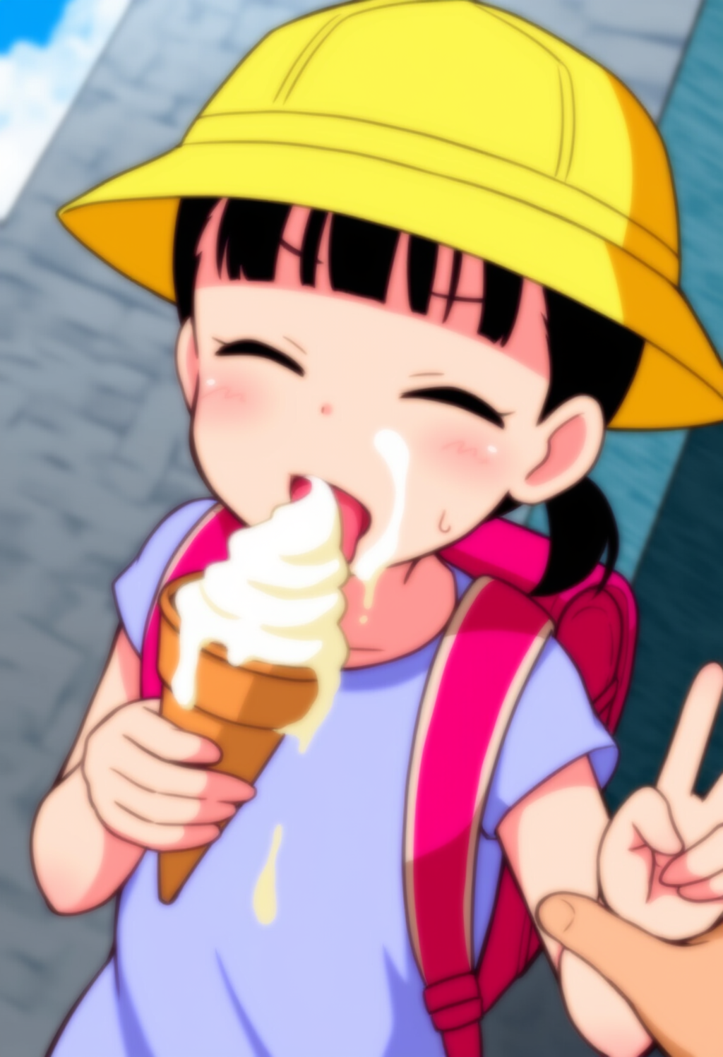 ソフトクリームをおいしそうに食べる子