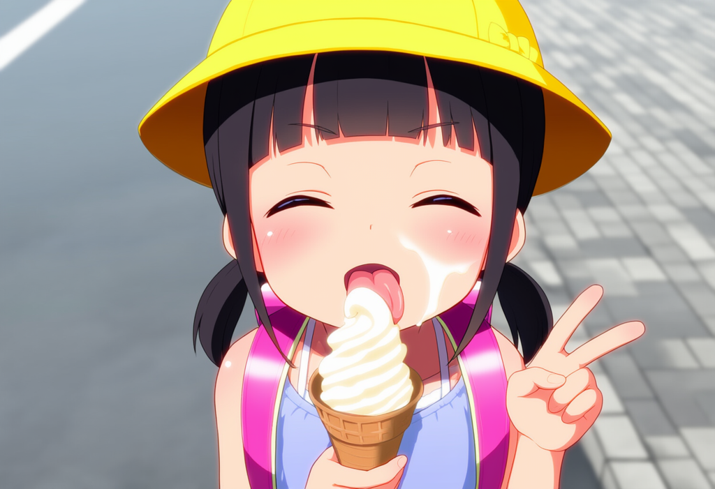 ソフトクリームをおいしそうに食べる子