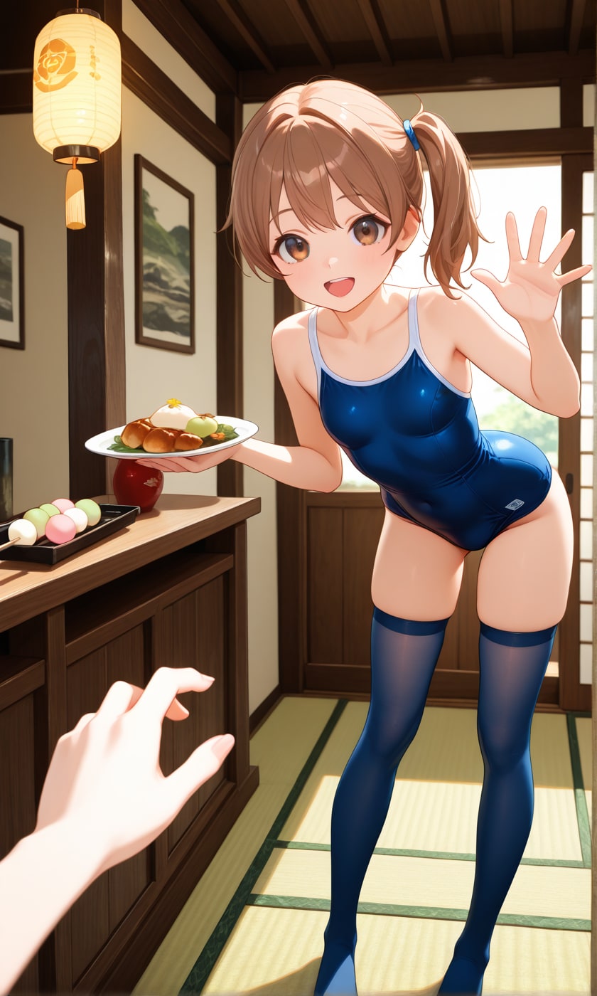 和風喫茶で接客するスク水サイドポニー女子