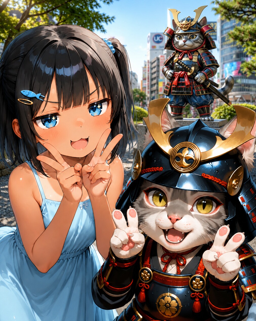 猫侍公園前でパシャリ📸✨ | の人気AIイラスト・グラビア
