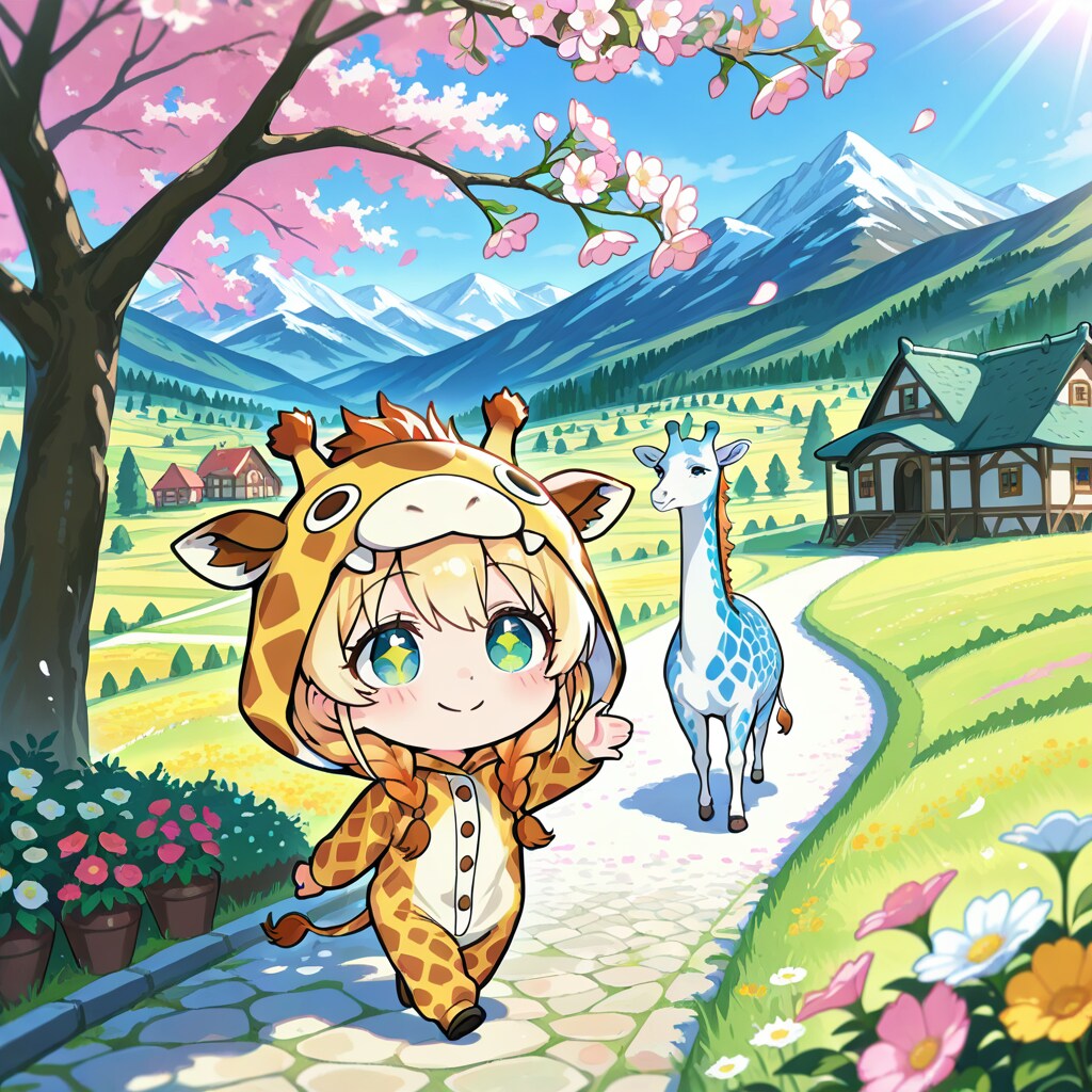 遠くの雪山と桜の花が共演する高地の村をお散歩するキリン着ぐるみちび子ちゃん