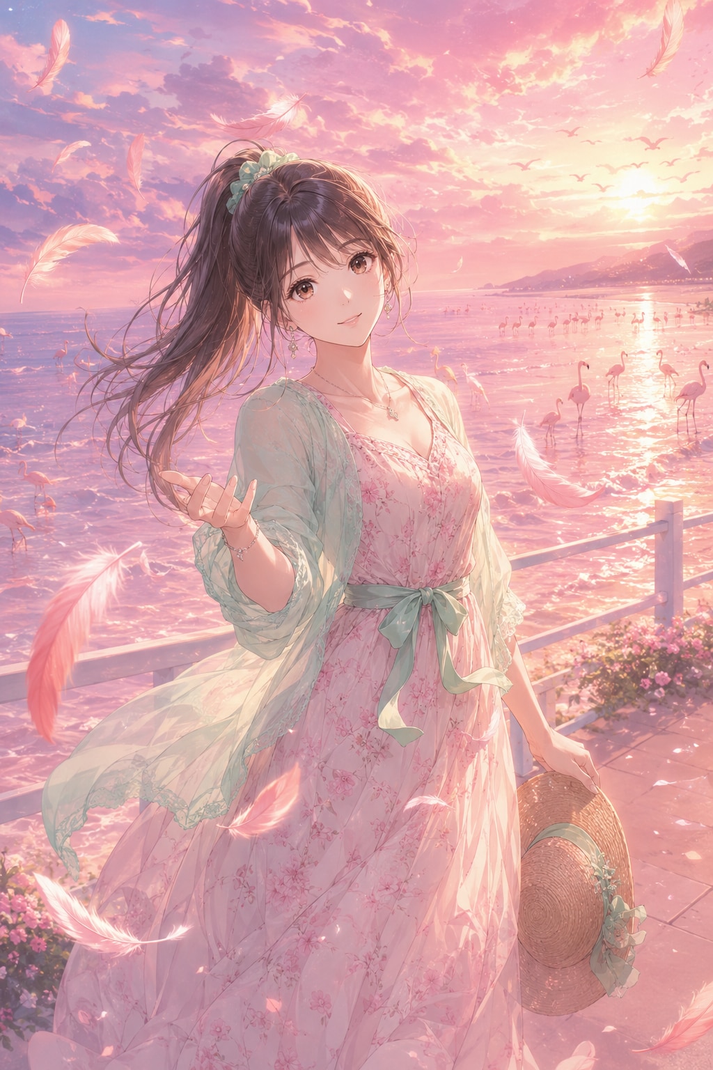 フラミンゴのいる夕焼け