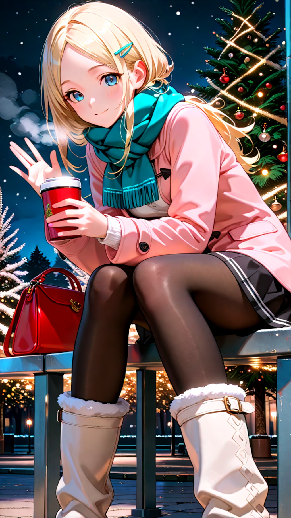 クリスマスデートで座って待っている幼馴染彼女