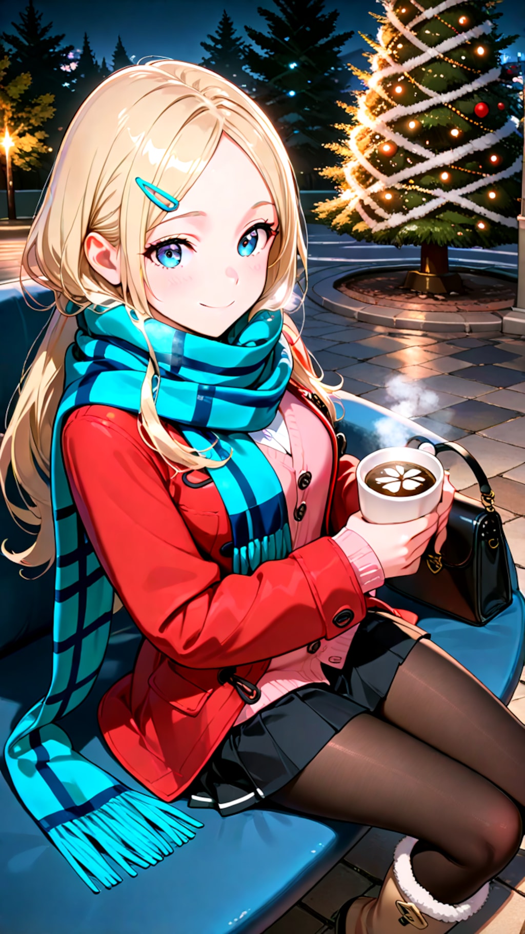 クリスマスデートで座って待っている幼馴染彼女