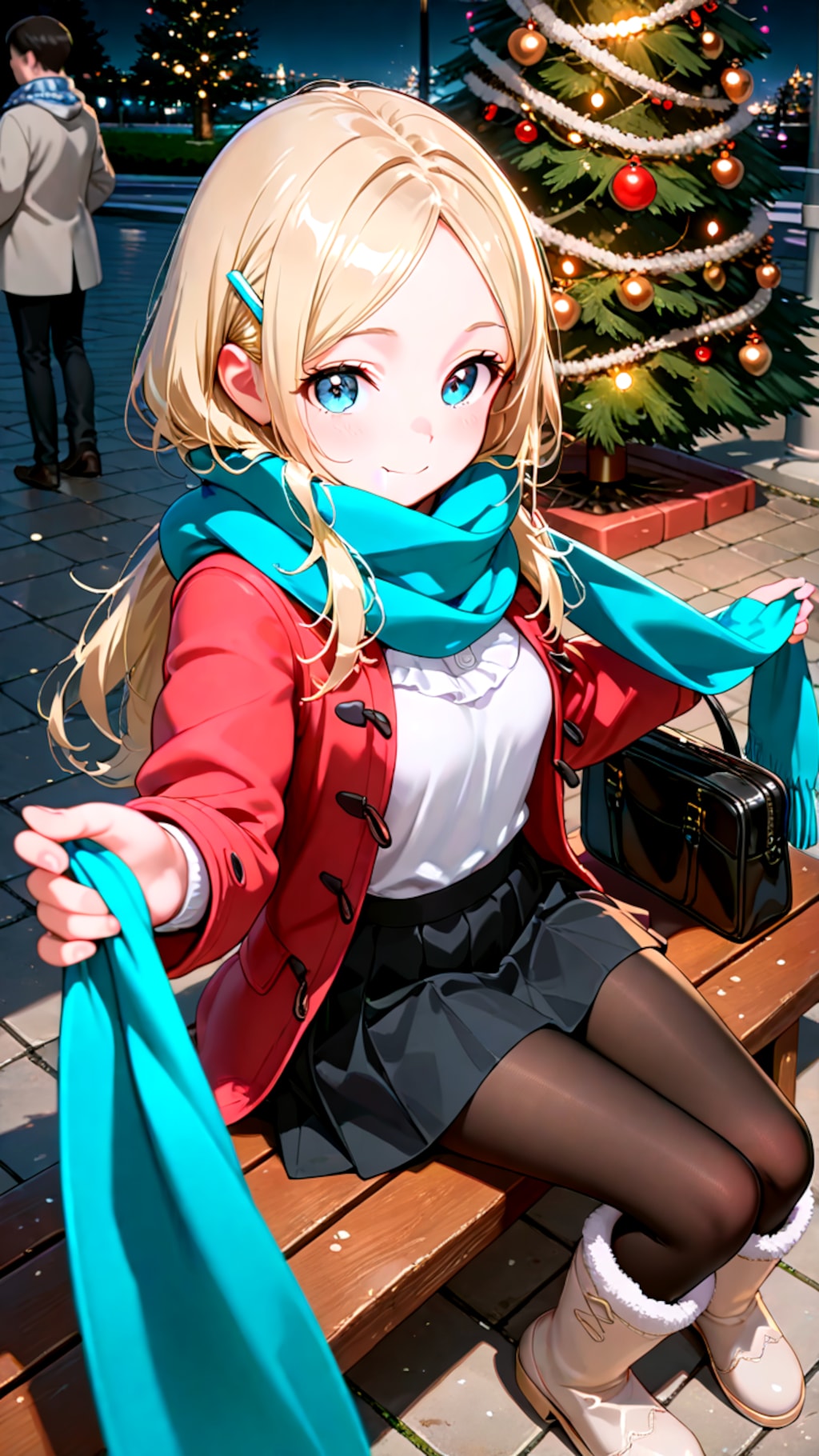 クリスマスデートで座って待っている幼馴染彼女