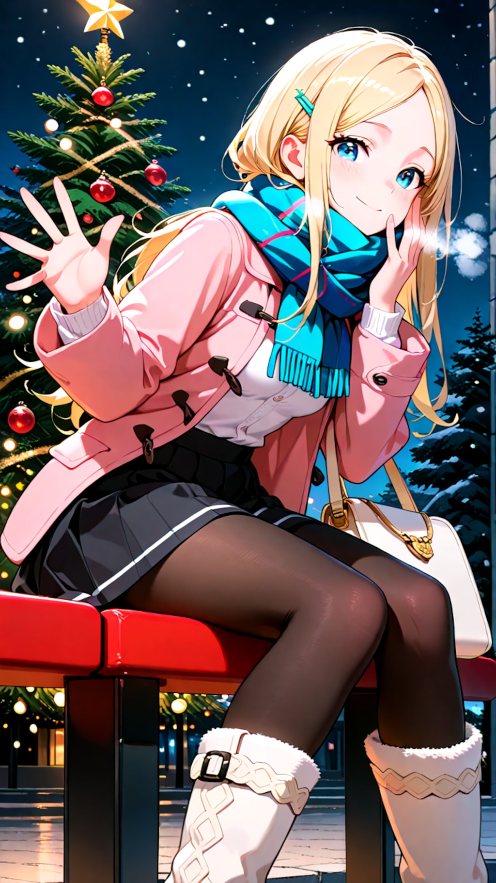 クリスマスデートで座って待っている幼馴染彼女