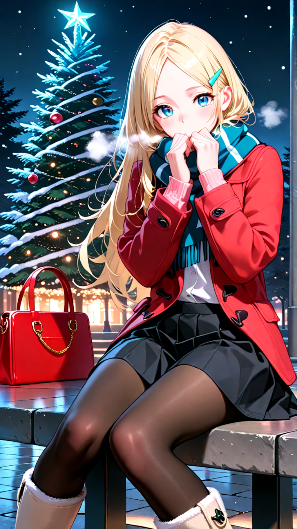 クリスマスデートで座って待っている幼馴染彼女