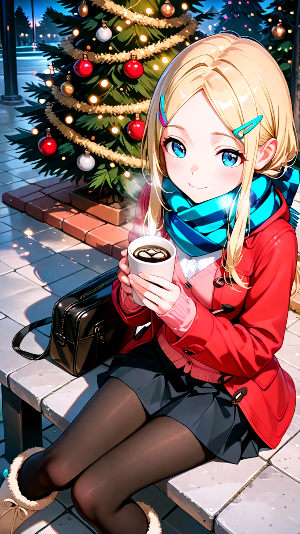 クリスマスデートで座って待っている幼馴染彼女