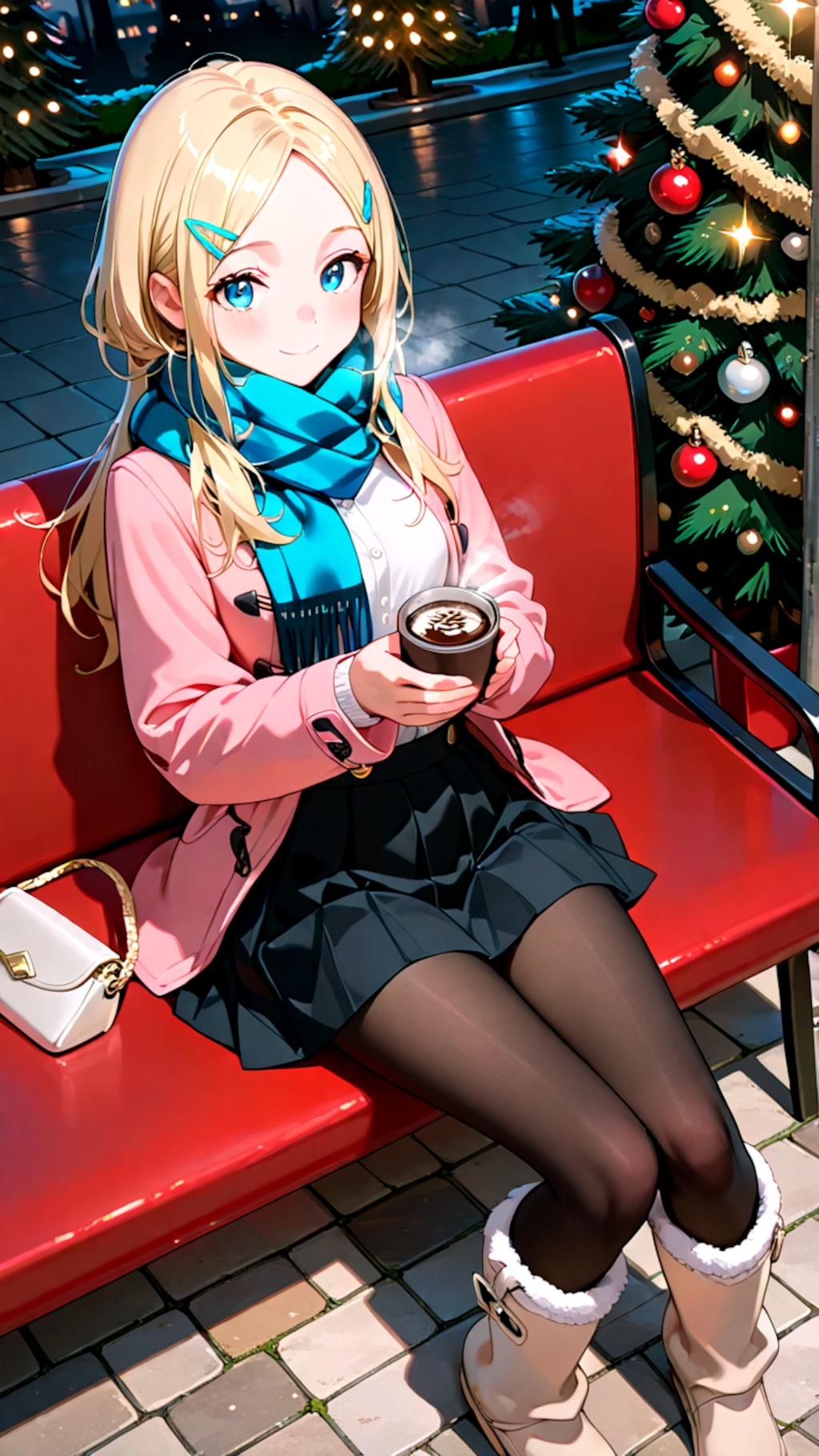 クリスマスデートで座って待っている幼馴染彼女