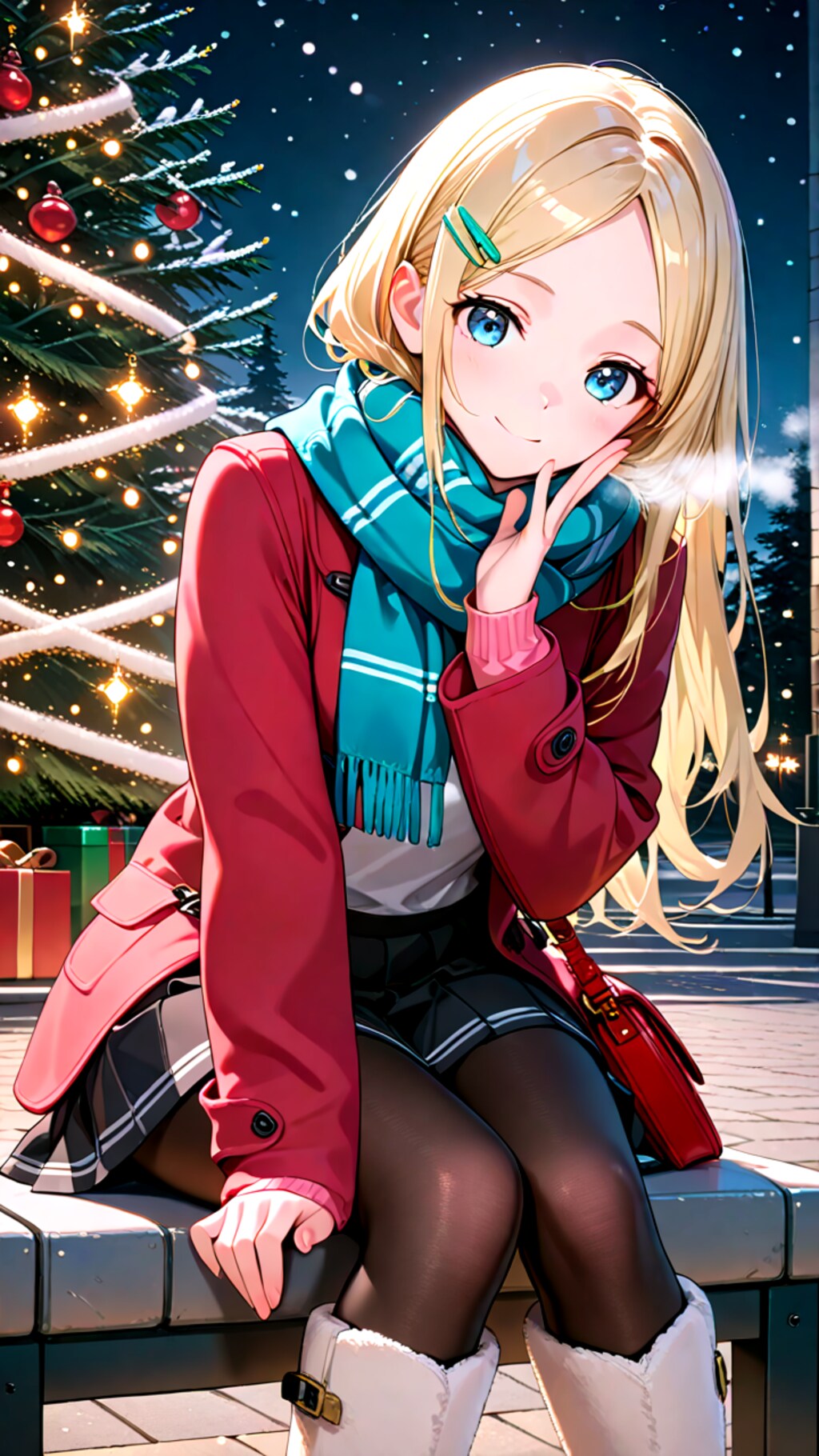 クリスマスデートで座って待っている幼馴染彼女