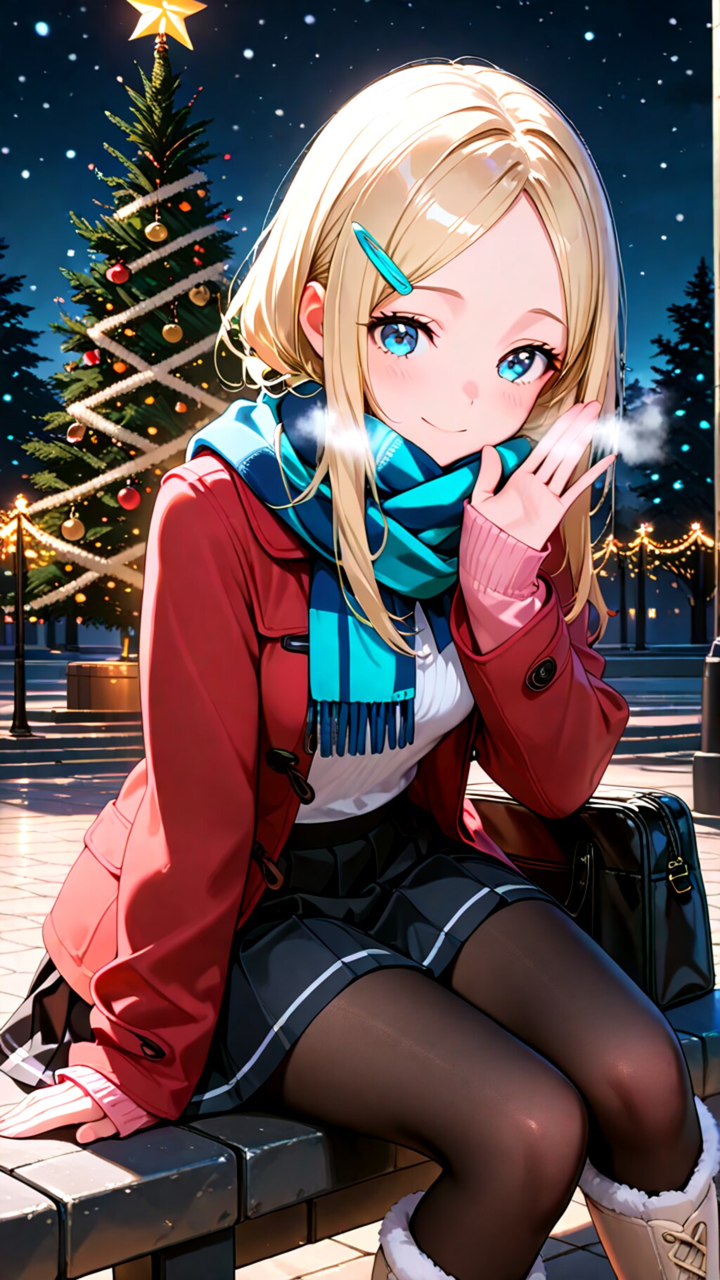 クリスマスデートで座って待っている幼馴染彼女