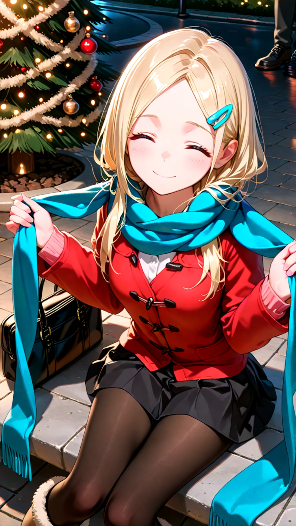 クリスマスデートで座って待っている幼馴染彼女