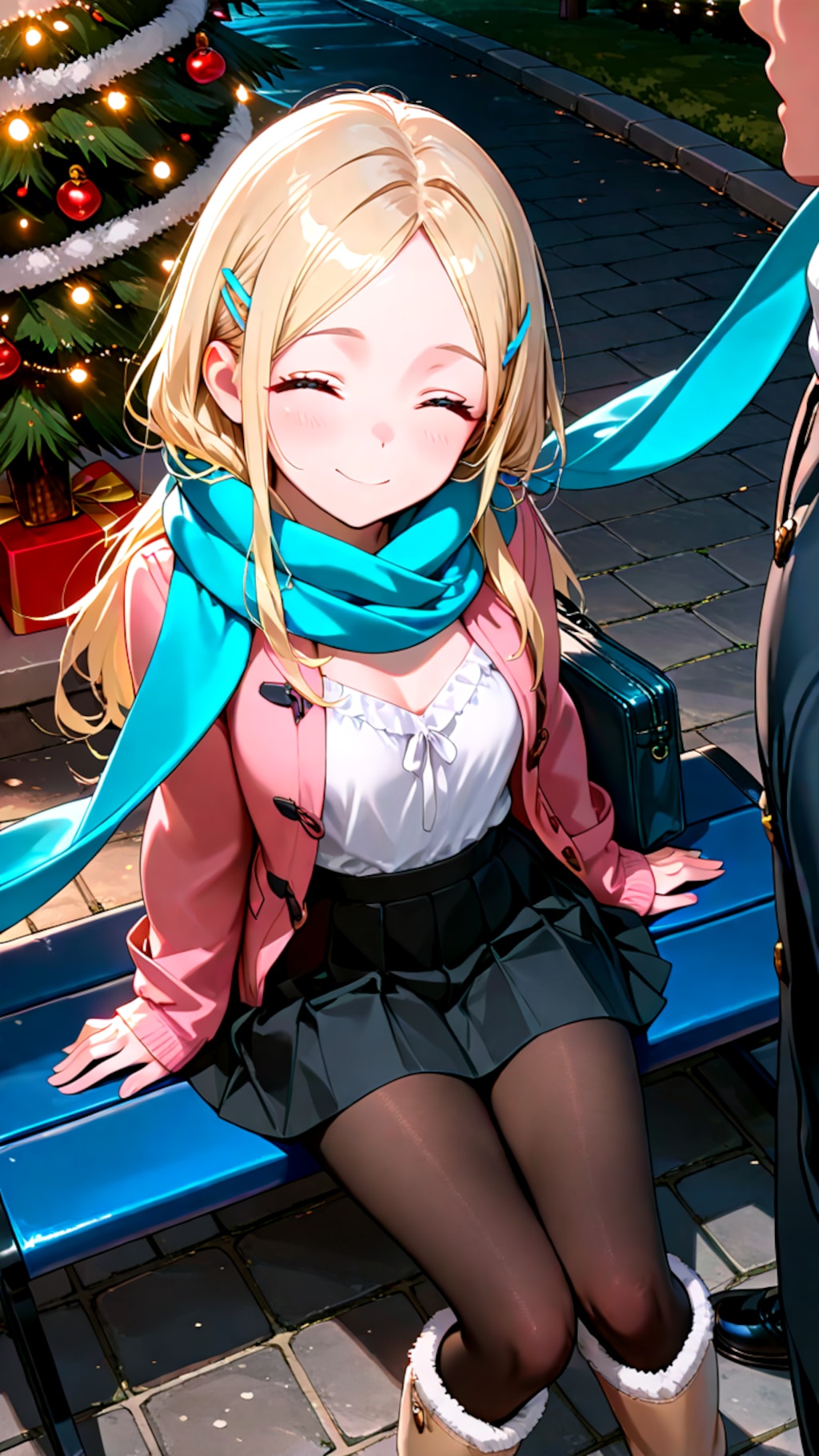 クリスマスデートで座って待っている幼馴染彼女